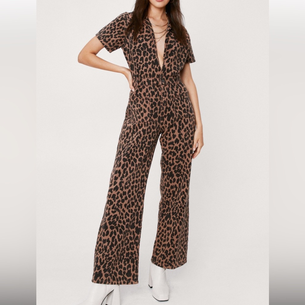 Nasty Gal Leopard Denim Jumpsuit